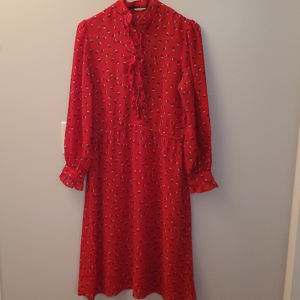 Vintage red dress with button and ruffle detail